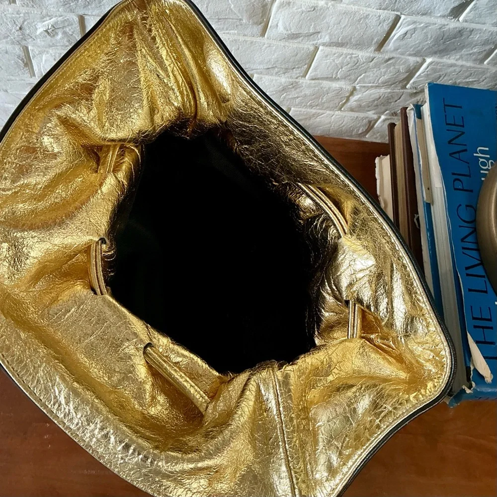 Vintage 1980s 90s Leather Drawstring Bucket Bag Woven Patchwork + Tassel Detail - Picture 12 of 13